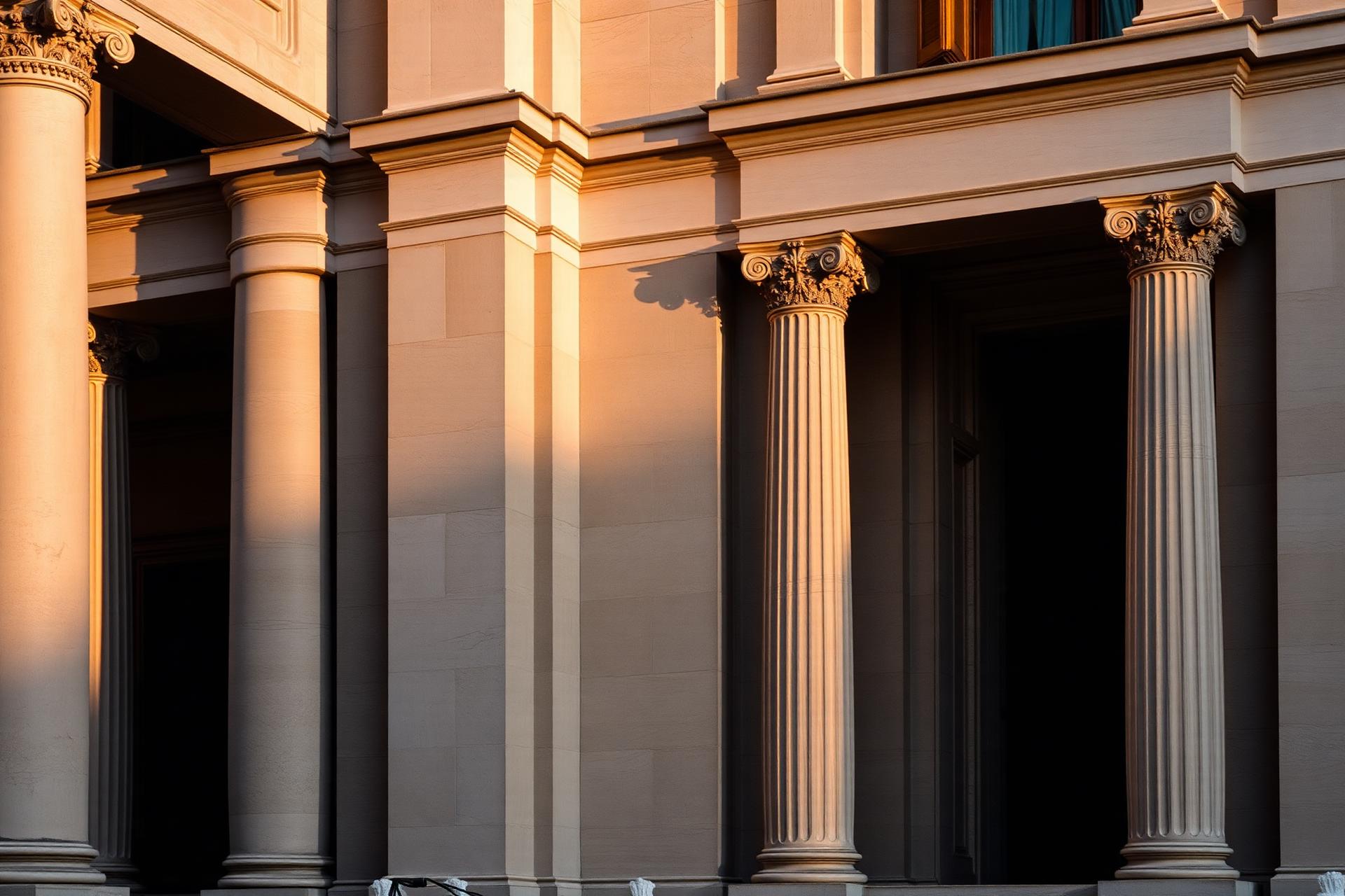 Facciata di un palazzo istituzionale romano in travertino al tramonto